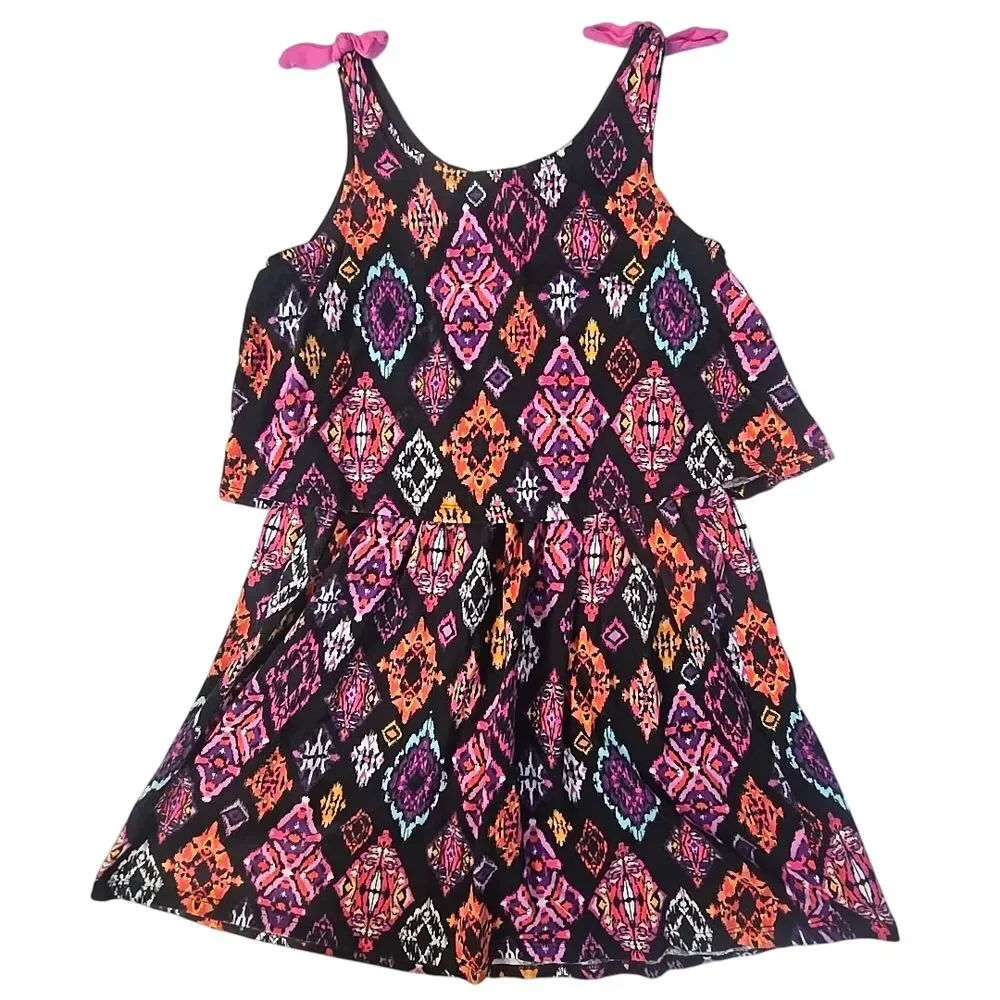 Gymboree‎ Popover Sundress Kids 12 Black Pink Boho Ikat Tribal Geometric Tiered